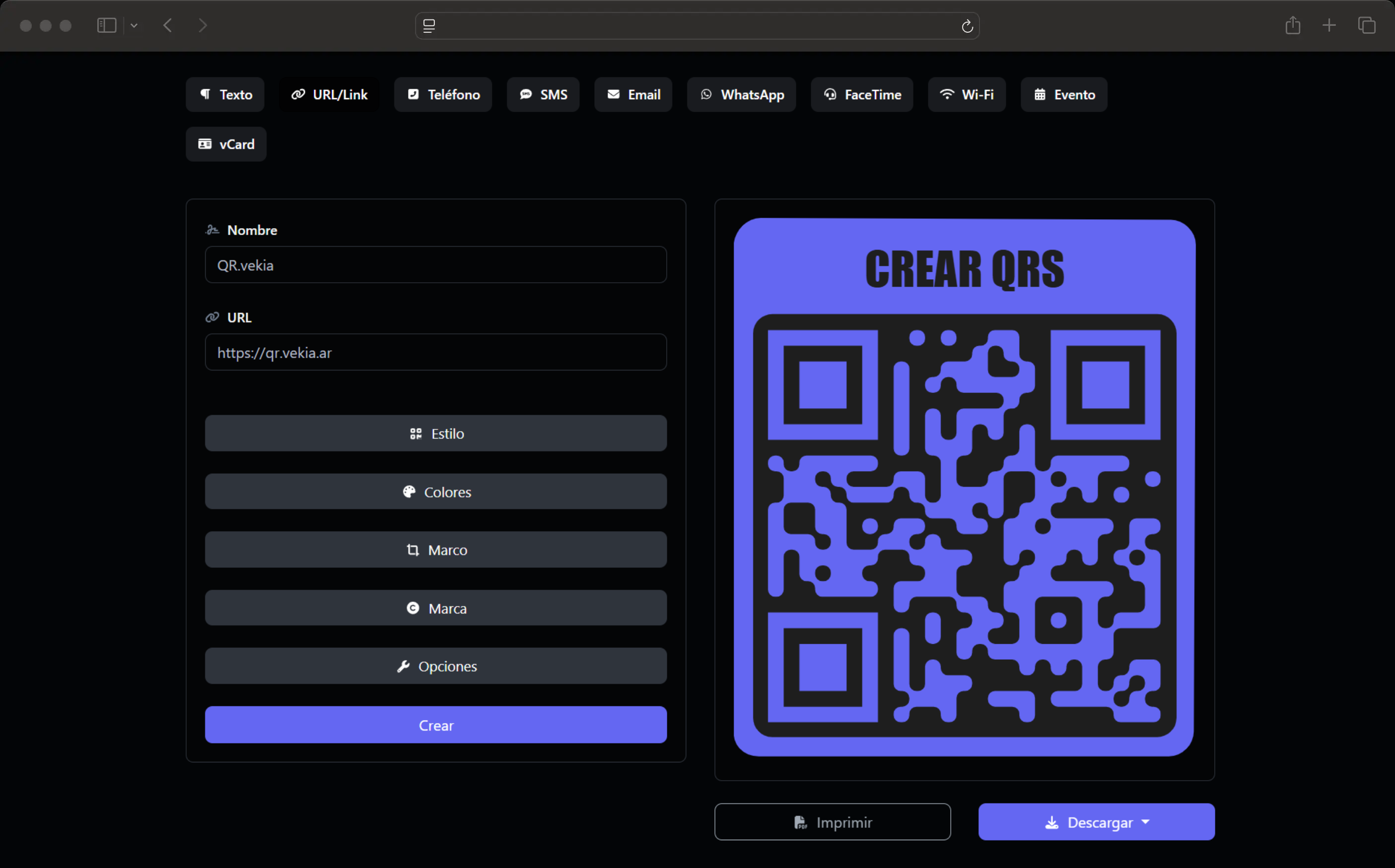 Captura de pantalla del panel de la aplicación